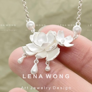 Sterling Silver Handmade Water Lily Sakura Floral Pendant Necklace, Adjustable Silver White Flower Necklace, Gifts for Her