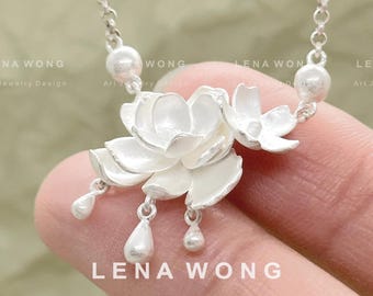 Sterling Silver Handmade Water Lily Sakura Floral Pendant Necklace, Adjustable Silver White Flower Necklace, Gifts for Her