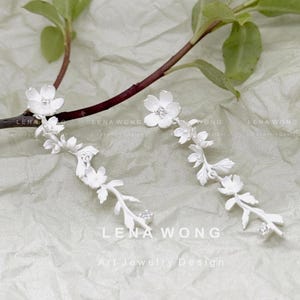 Sterling Silver Handmade Floral Sakura Cherry Blossom Dangle Earrings, Minimalist Style Silver Flower Earrings, Gifts for Her