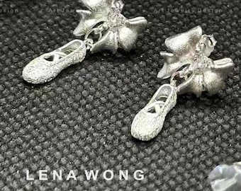 Handgemaakte sterlingzilveren lintstrik glanzende balletschoenen oorbellen, zilveren balletschoenensieraden