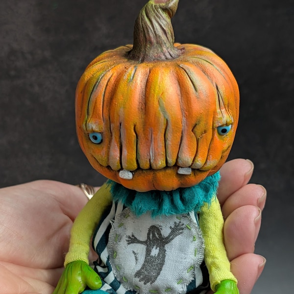 Creepy Cute Pumpkin Art Doll, Handmade OOAK Halloween Character, Gothic Fantasy Collectible Decor