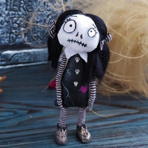 Gothic Rag Doll Wednesday – Handmade Creepy Cute Skeleton Girl Plush – Dark Fantasy Collectible Art Doll – Halloween Decor Gift