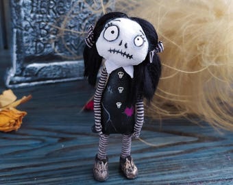Gothic Rag Doll Wednesday – Handmade Creepy Cute Skeleton Girl Plush – Dark Fantasy Collectible Art Doll – Halloween Decor Gift