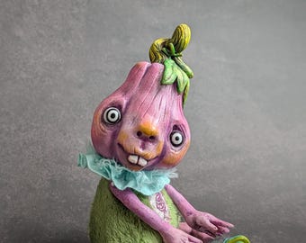 Pumpkin Art Doll, Purple OOAK Handmade Collectible, Creepy Cute Gothic Fantasy Character, Halloween Decor