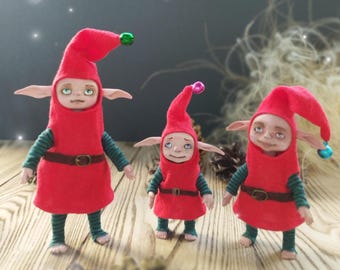 Whimsical Christmas Elf Dolls – Creepy Cute Holiday Collectible, Handmade OOAK Fantasy Figurines, Nordic Shelf Decor Gift