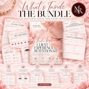 May include: A digital bundle of 37 editable pages for lash artists, featuring a pink floral background. Includes forms like New Client Intake, Lash Mapping Record Sheet, Client Consent, and Monthly Client Dashboard with text headers.