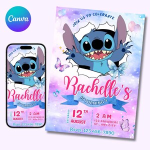 Stitch Birthday Party Invitation Template, Editable Cartoon Bday Evite & Fun Canva Design for Kids Party, Instant Download