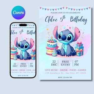 Editable Stitch Birthday Party Invitation Template, Stitch Bday evite , Cartoon Birthday Invitation, Stitch Birthday pool Party Invitation,