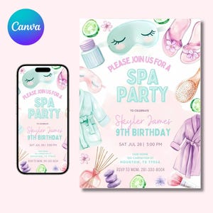 Girls Spa Birthday, Spa Party Birthday Invitation, Editable Template, Phone Invite, Print Invite, Pamper Party Invite, Glam Party Birthday