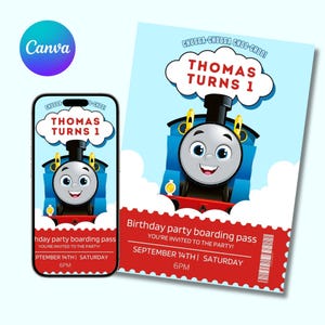 Editable Thomas The Tank Engine Birthday Invitation, Printable Party Invite, Children’s Birthday, Train Theme , Canva Digital Template
