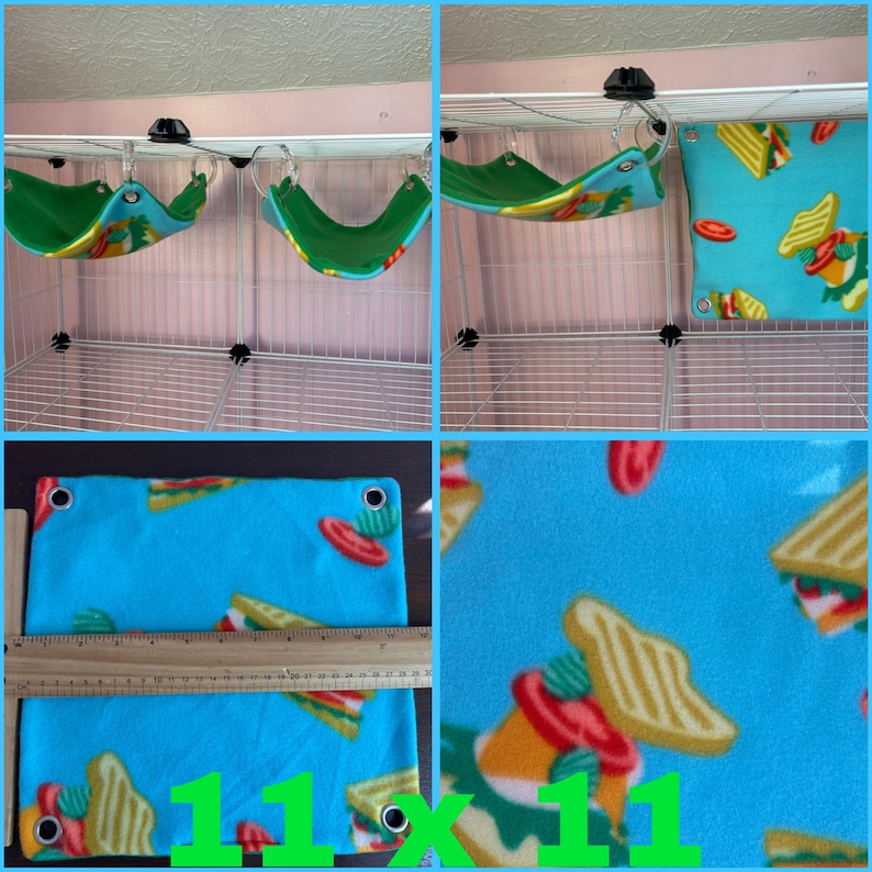 Puede incluir: Una colecci&oacute;n de accesorios para mascotas peque&ntilde;as, que incluye dos hamacas verdes y dos almohadillas de forro polar azules. Las almohadillas de forro polar presentan un patr&oacute;n repetido de s&aacute;ndwiches. Una almohadilla mide 28 x 28 cm.