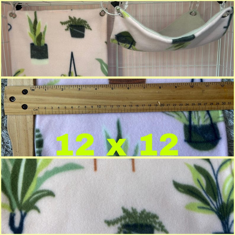 Puede incluir: Un conjunto de accesorios para mascotas peque&ntilde;as con tem&aacute;tica de plantas. Incluye una alfombra cuadrada de 30.48 x 30.48 cm, una hamaca y un forro para jaula, todos con un fondo rosa claro y dise&ntilde;os de plantas en macetas verdes.
