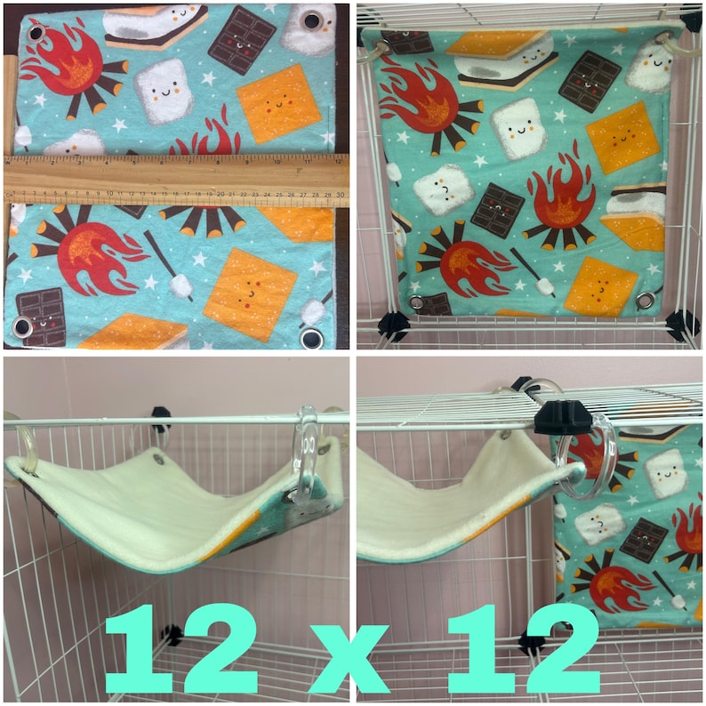 Puede incluir: Un juego de accesorios para jaulas para mascotas de 30 x 30 cm. El juego incluye una tela verde azulado con un dise&ntilde;o de s'mores y una hamaca color crema. La tela de s'mores presenta ilustraciones de fogatas, malvaviscos, galletas Graham y barras de chocolate.