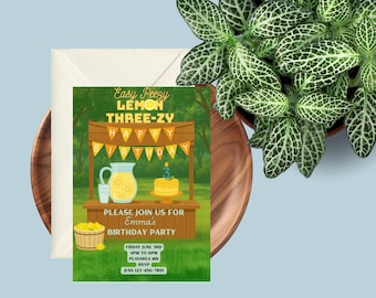 Lemon Birthday Invitation, Lemonade Birthday Invite, Easy Peasy Lemon Three-zy Invite, Citrus Invitation, 3rd Birthday Invite Template