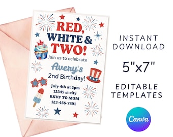 Red, white and TWO Birthday invitation,  4th of July birthday Invitation