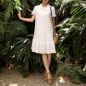 L151 Elegant White Linen Dress with Peter Pan Collar – by LINCO