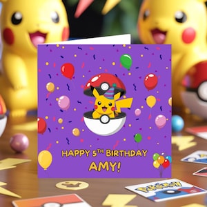 Spersonalizowana kartka urodzinowa Pikachu – słodka kawaii inspirowana Pokemonami kwadratowa spersonalizowana kartka z życzeniami na przyjęcie dla dzieci