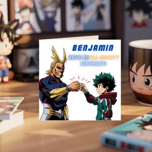 Carte d'anniversaire personnalisée My Hero Academia - Carte de voeux d'anime avec All-might et Deku Midoriya