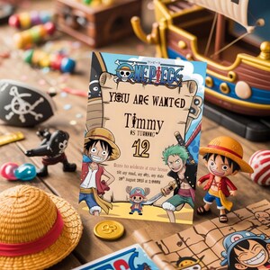 Faire-part d'anniversaire luffy une pièce, faire-part de fête anime numérique modifiable pour garçons et filles, carte d'invitation imprimable