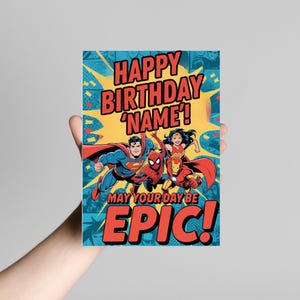 Personalisierte Superheld Geburtstagskarte A5 - Marvel DC Heroes | Personalisierte Comic Karte für Kinder & Erwachsene | Avengers Gerechtigkeits League Geschenk