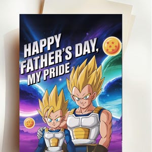 Cartão de Dia dos Pais de Dragon Ball Z – Cartão de Anime Vegeta e Trunks – Cartão A5 dobrado DBZ para o pai – Presente de pai Saiyajin – Presente de anime para ele
