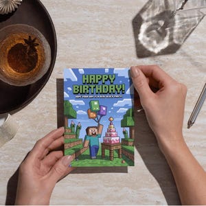 Carte d'anniversaire Minecraft pour enfants - Carte d'anniversaire pixel art pour gamer - Carte sur le thème du jeu vidéo pour garçons ou filles