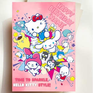 Tarjeta de cumpleaños personalizada de Hello Kitty / Tarjeta con nombre personalizada para niñas / Linda tarjeta de cumpleaños para niños / Fiesta de Hello Kitty / Tarjeta física / Usahana