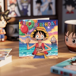 Cartão de aniversário do Luffy feito à mão - Cartão de felicitação do anime One Piece para fãs do Chapéu de Palha, cartão de arte de fã de mangá exclusivo