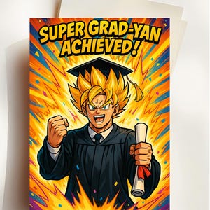 Carte de félicitations pour l'obtention du diplôme de Goku | Cadeau pour fan de Dragon Ball Z inspiré de l'anime | Salutation drôle de DBZ