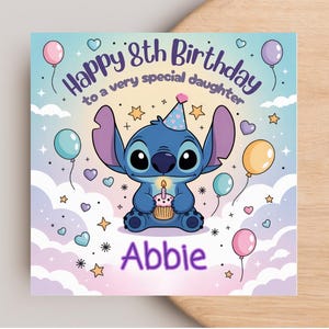Cartão de aniversário personalizado Lilo e Stitch – Cartão de felicitações infantil com nome personalizado 145 x 145 mm – Lembrança de aniversário quadrada inspirada na Disney