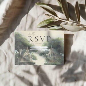 Modello per biglietto RSVP di Lothlórien / Matrimonio fantasy ispirato al Signore degli Anelli / Design modificabile 5x3,5" / Biglietti di risposta QR e postali / Download digitale