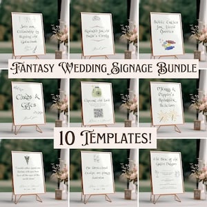 Puede incluir: Un conjunto de 10 plantillas de carteles de boda imprimibles con un tema de fantasía. Los carteles presentan ilustraciones caprichosas y texto de caligrafía. Los carteles son perfectos para una recepción de boda, una ceremonia o una fiesta de compromiso.