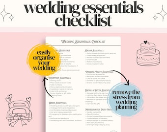 May include: A pink and white wedding essentials checklist with black text. The checklist includes categories like Bride, Groom, Reception, and Wedding Party Essentials. Decorative elements include a car with hearts and a cake illustration.