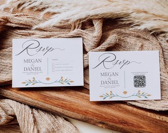 Plantilla moderna de tarjeta RSVP de boda con diseño floral: opción de código QR (descarga digital)