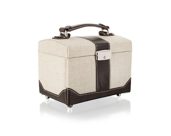 Lockable Linen Jewelry Box, Leather Trim, Handmade Travel Case with Mirror