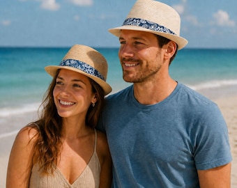 Straw Trilby Fedora Hat, Blue Tropical Leaf Band, Lightweight Breathable Travel Summer Sun Hat