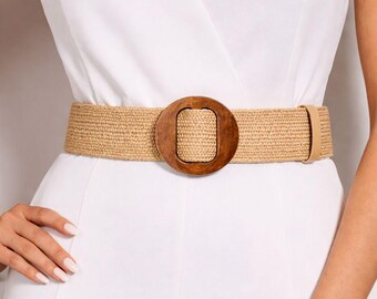 Woven Straw Elastic Dress Belt, Summer Boho Rattan Style Waist Cinch, Wooden Buckle