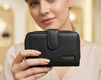 Women's Genuine Leather RFID Purse, Small Zip Around Wallet, Compact Ladies Coin Card Holder