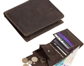 Men's Genuine Leather RFID Wallet, Vintage Brown Waxed Hunter Finish, Coin Pocket, ID Window