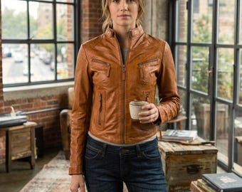 Women's Genuine Leather Biker Jacket, Zip Up Vintage Style Slim Fit Leather Coat