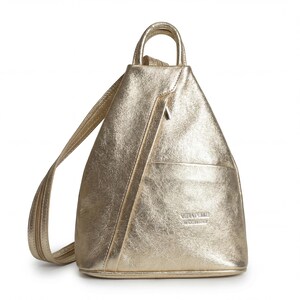 May include: A metallic gold backpack with a triangular shape. The bag has a top handle, adjustable straps, and a front pocket. A diagonal zipper runs down the front. The bag is made of a shiny, textured material.