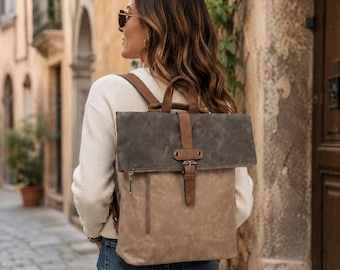 Roll Top Backpack, Anti-Theft Travel Rucksack, Vintage Look Weekender Bag, Multi Compartment