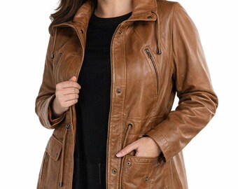 Women's Soft Genuine Leather Parka Jacket, 3/4 Length Drawstring Coat, Autumn Winter Layering