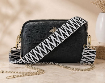 Women's Crossbody Bag, Multi-Strap Small Handbag, Gold Bee Detail, with Chain and Wristlet
