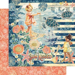May include: A colorful illustration of a beach scene with two children, one holding a seashell and the other holding a bucket and shovel. The illustration features a blue and white striped background, flowers, seashells, and sea turtles. The text "Sun Kissed" is featured in the center of the image.