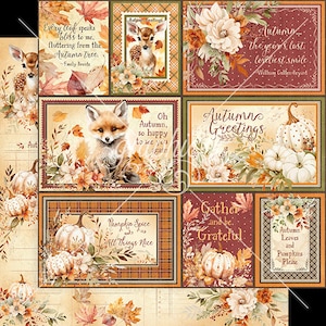 May include: A collage of autumn-themed images with quotes about the season. The images include a fox, a deer, pumpkins, leaves, and flowers. The quotes include "Every leaf speaks bliss to me...fluttering from the Autumn tree." and "Autumn...the year's last loveliest smile."