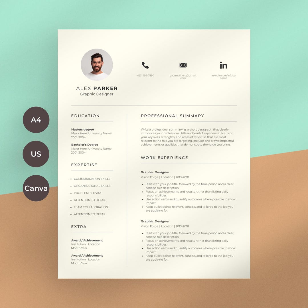 Professional Canva Resume Template With Photo, Two Column CV, Modern ...