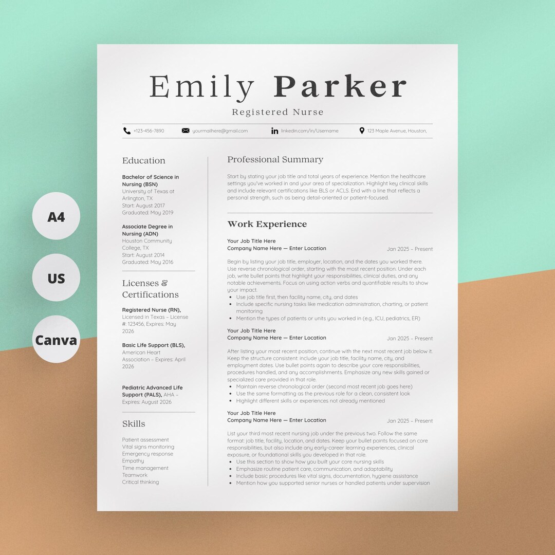 Nurse Resume Template Canva,professional CV for Registered Nurse ...
