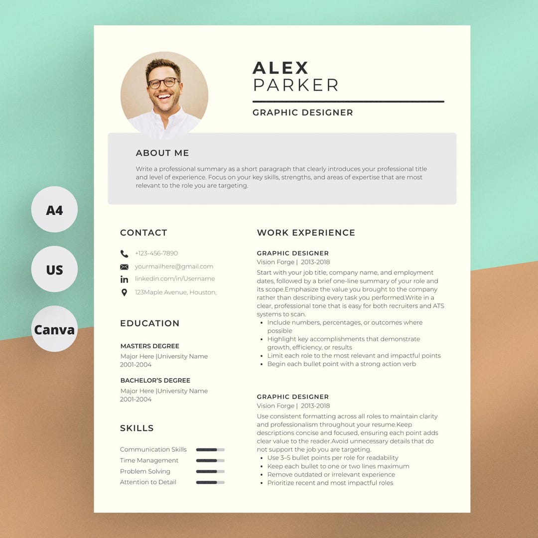 Professional Canva Resume Template, Modern & Minimal Design, Two Column ...