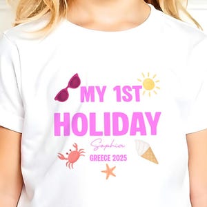 Personalised First Holiday Tshirt, Custom First Holiday Babygrow, First Time Flyer Outfit, Travelling Clothing, Holiday Tee, Girls Tee